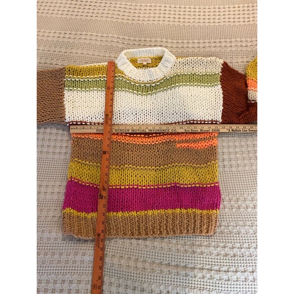 Listicle Hand Knit Sweater Crew Neck Color Block Oversized Large Rust Green Pink - Picture 7 of 8